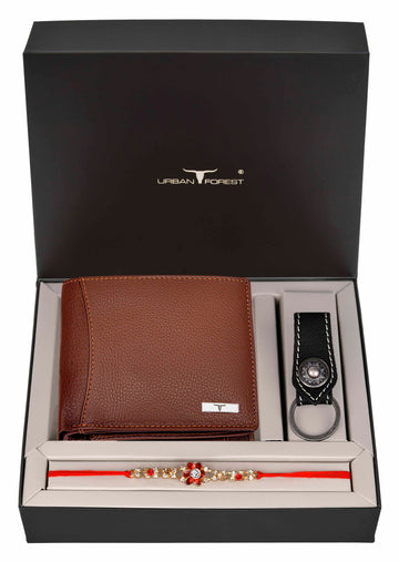 URBAN FOREST Oliver Leather Wallet, Leather Keychain & Rakhi Gift Hamper for Brother