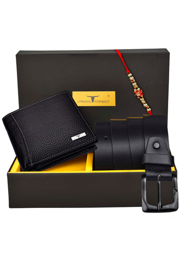 URBAN FOREST Oliver Leather Wallet, Casual Leather Belt & Rakhi Gift Hamper for Brother