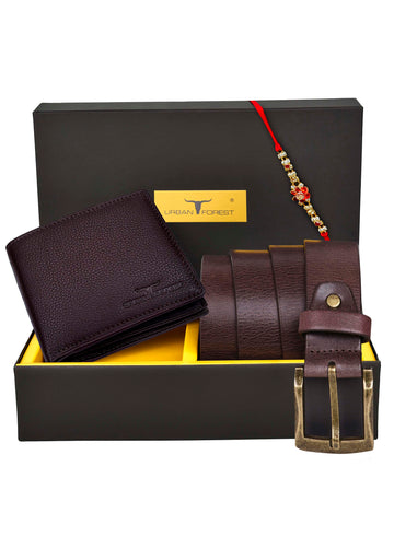 URBAN FOREST Carl Leather Wallet, Casual Leather Belt & Rakhi Gift Hamper for Brother