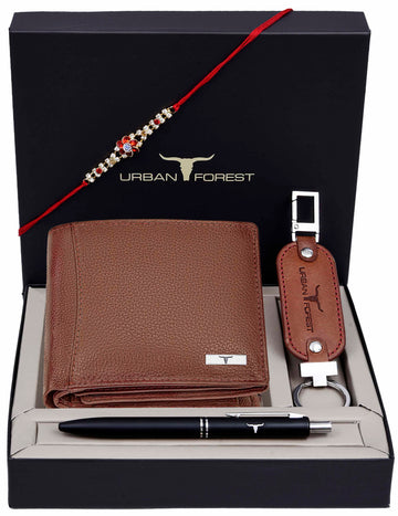 URBAN FOREST Oliver Wallet, Black Pen, Rakhi & Keychain Gift Hamper for Brother