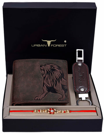 URBAN FOREST Leo Vintage Leather Wallet, Rakhi & Keychain Gift Hamper for Brother