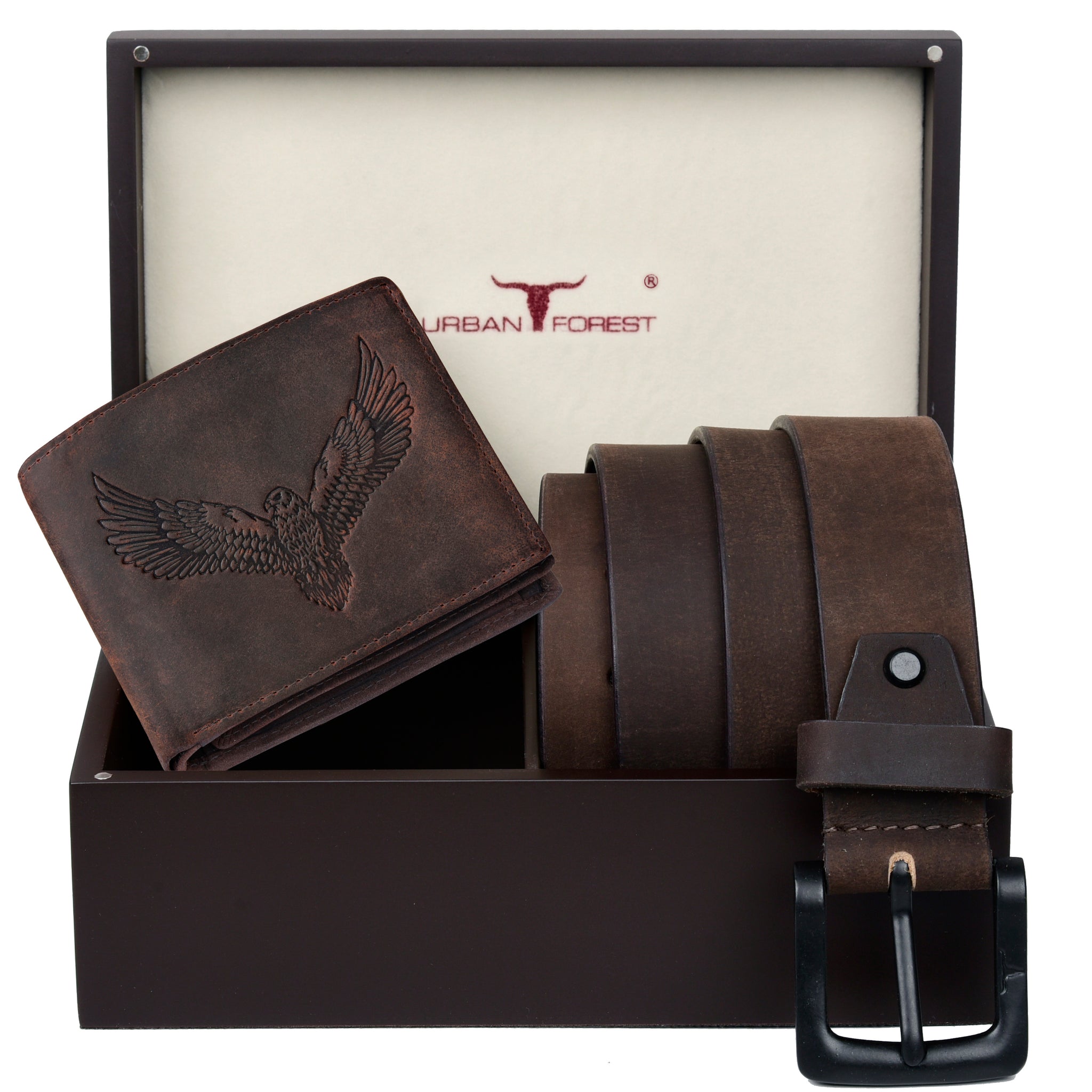 URBAN FOREST Zeke Leather Wallet & Casual Leather Belt Combo Wooden Gift Box Set for Men