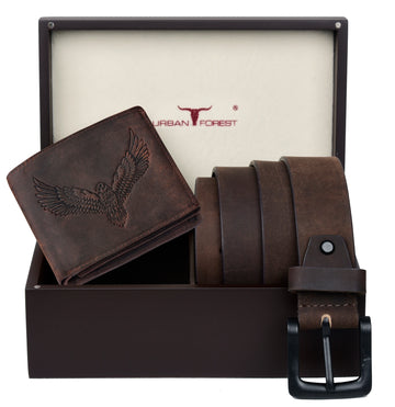 URBAN FOREST Zeke Leather Wallet & Casual Leather Belt Combo Wooden Gift Box Set for Men