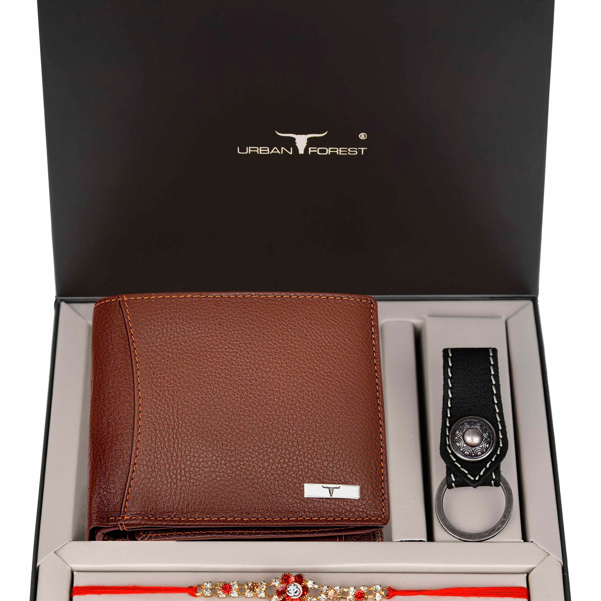 URBAN FOREST Oliver Leather Wallet, Leather Keychain & Rakhi Gift Hamper for Brother