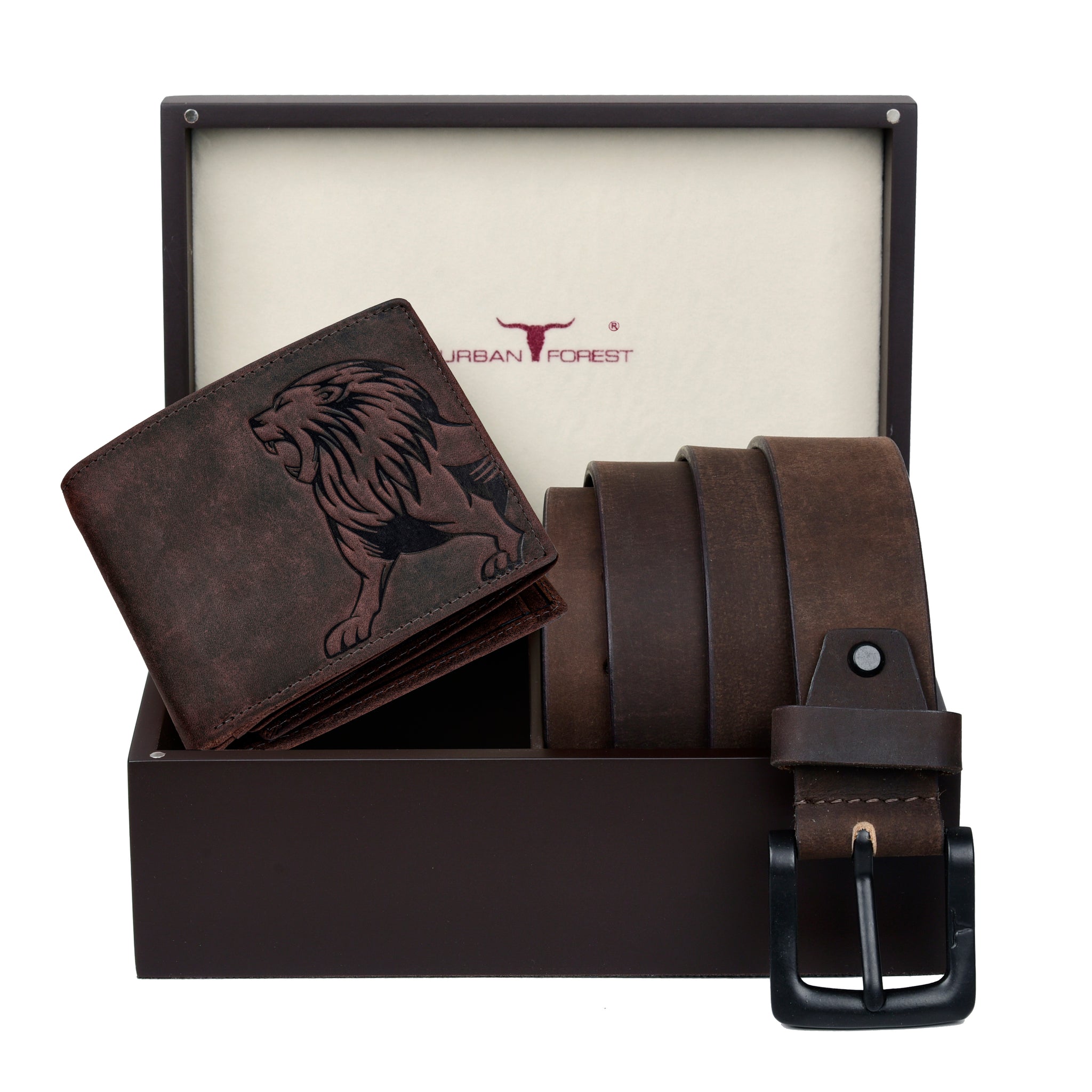 URBAN FOREST Luke Leather Wallet & Casual Leather Belt Combo Wooden Gift Box Set for Men