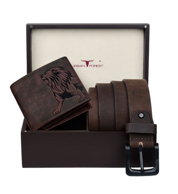 URBAN FOREST Luke Leather Wallet & Casual Leather Belt Combo Wooden Gift Box Set for Men