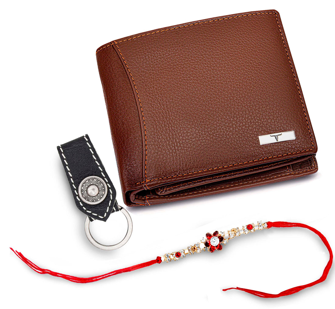 URBAN FOREST Oliver Leather Wallet, Leather Keychain & Rakhi Gift Hamper for Brother