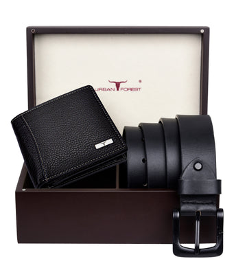 URBAN FOREST Brian Leather Wallet & Casual Belt Combo Wooden Gift Box Set for Men