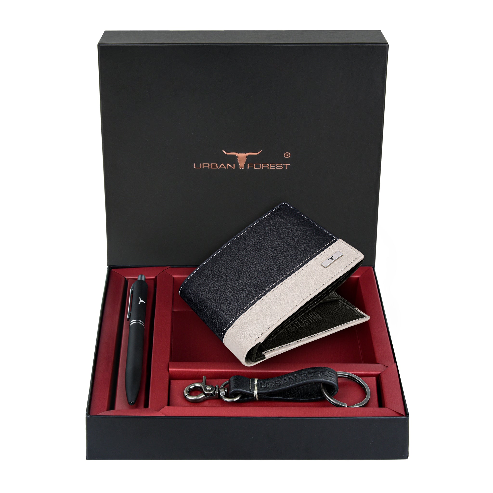 URBAN FOREST Saul Leather Wallet, Black Pen & Keychain Combo Gift Set for Men