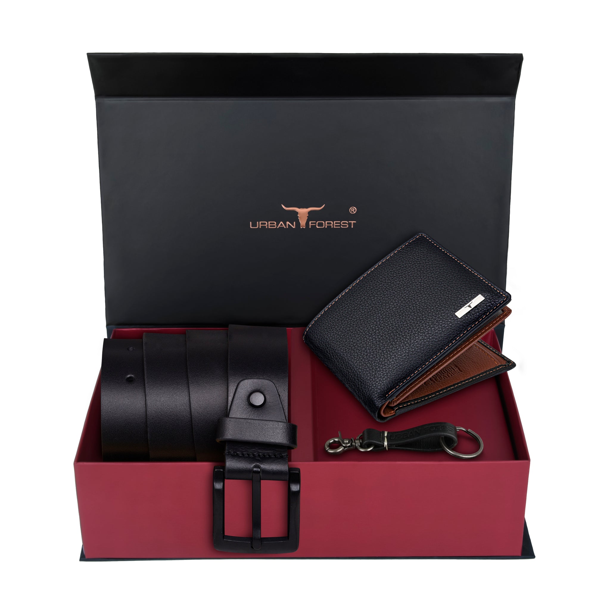 URBAN FOREST Kai Leather Wallet, Casual Leather Belt & Leather Keychain Combo Gift Set for Men