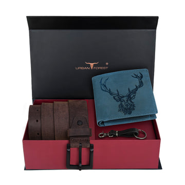 URBAN FOREST Murphy Vintage Leather Wallet, Casual Leather Belt & Leather Keychain Combo Gift Set for Men