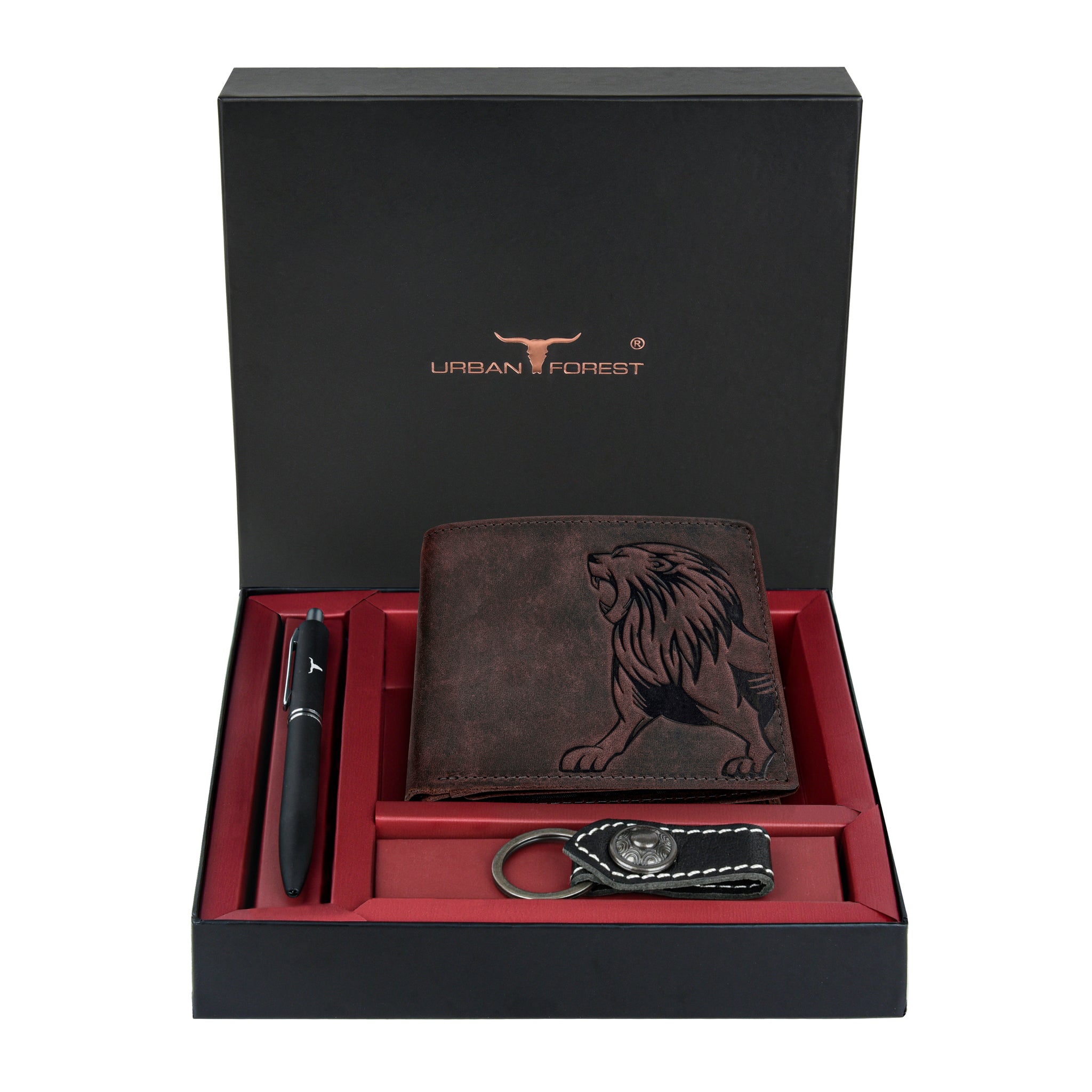 URBAN FOREST Luca Vintage Leather Wallet, Black Pen & Keychain Combo Gift Set for Men