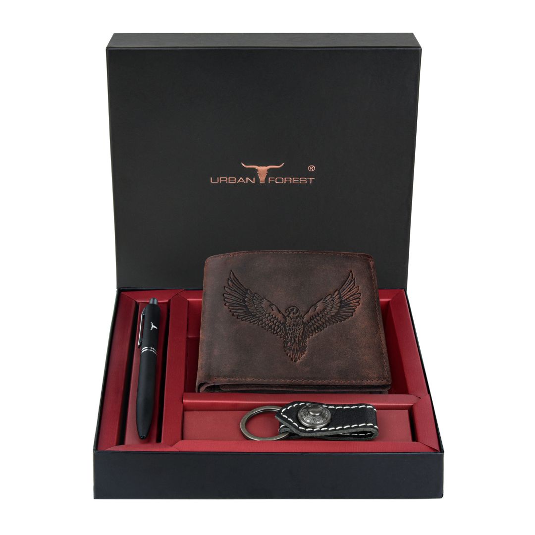 URBAN FOREST Zev Vintage Leather Wallet, Black Pen & Keychain Combo Gift Set for Men