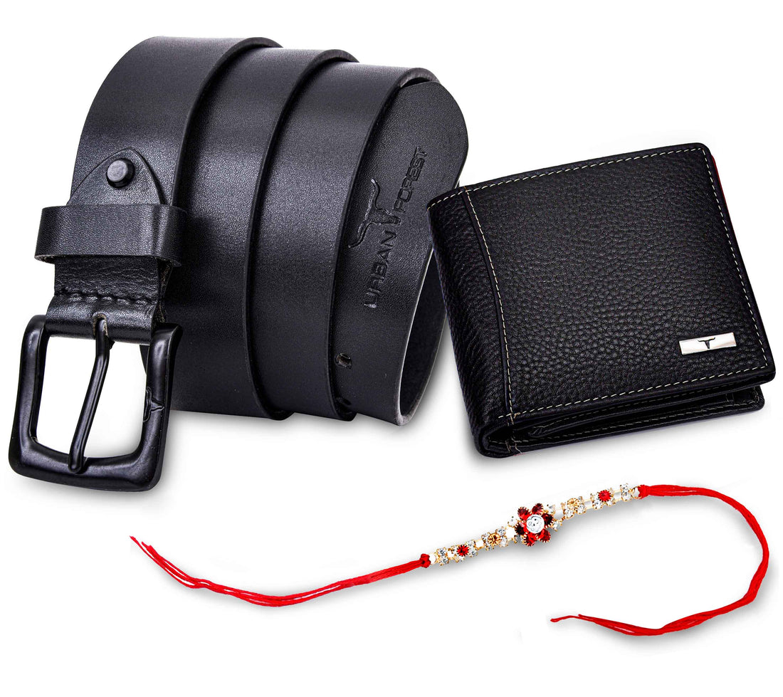 URBAN FOREST Oliver Leather Wallet, Casual Leather Belt & Rakhi Gift Hamper for Brother