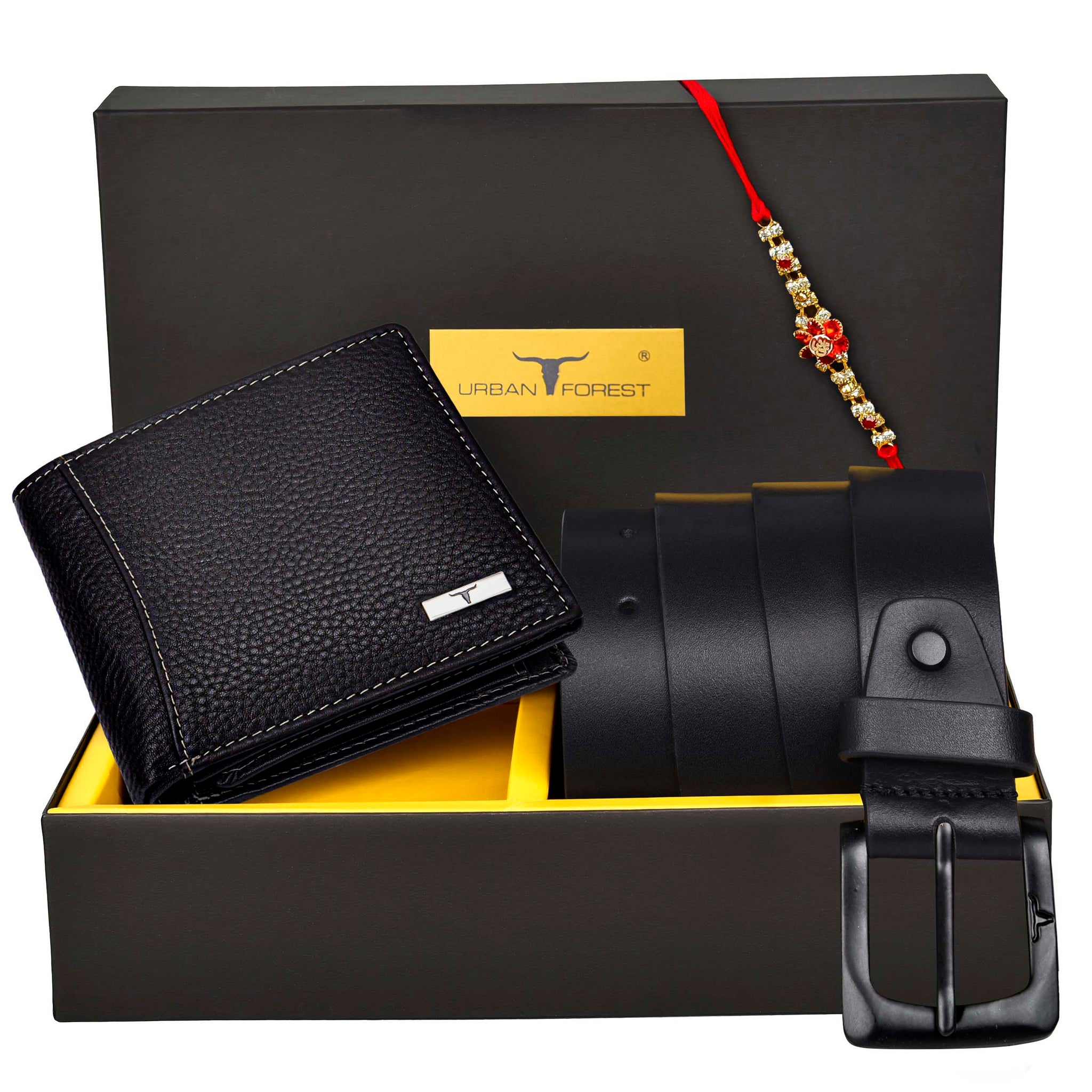 URBAN FOREST Oliver Leather Wallet, Casual Leather Belt & Rakhi Gift Hamper for Brother
