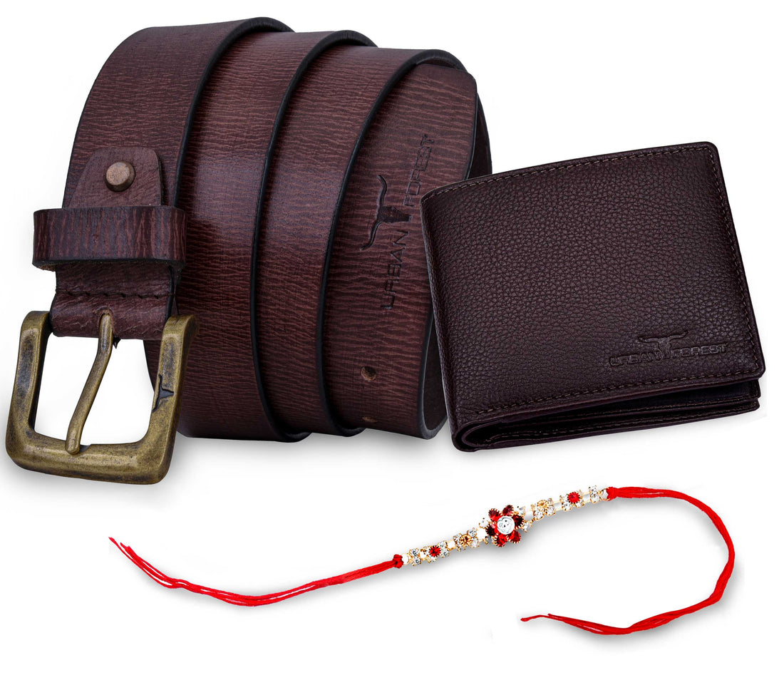 URBAN FOREST Carl Leather Wallet, Casual Leather Belt & Rakhi Gift Hamper for Brother