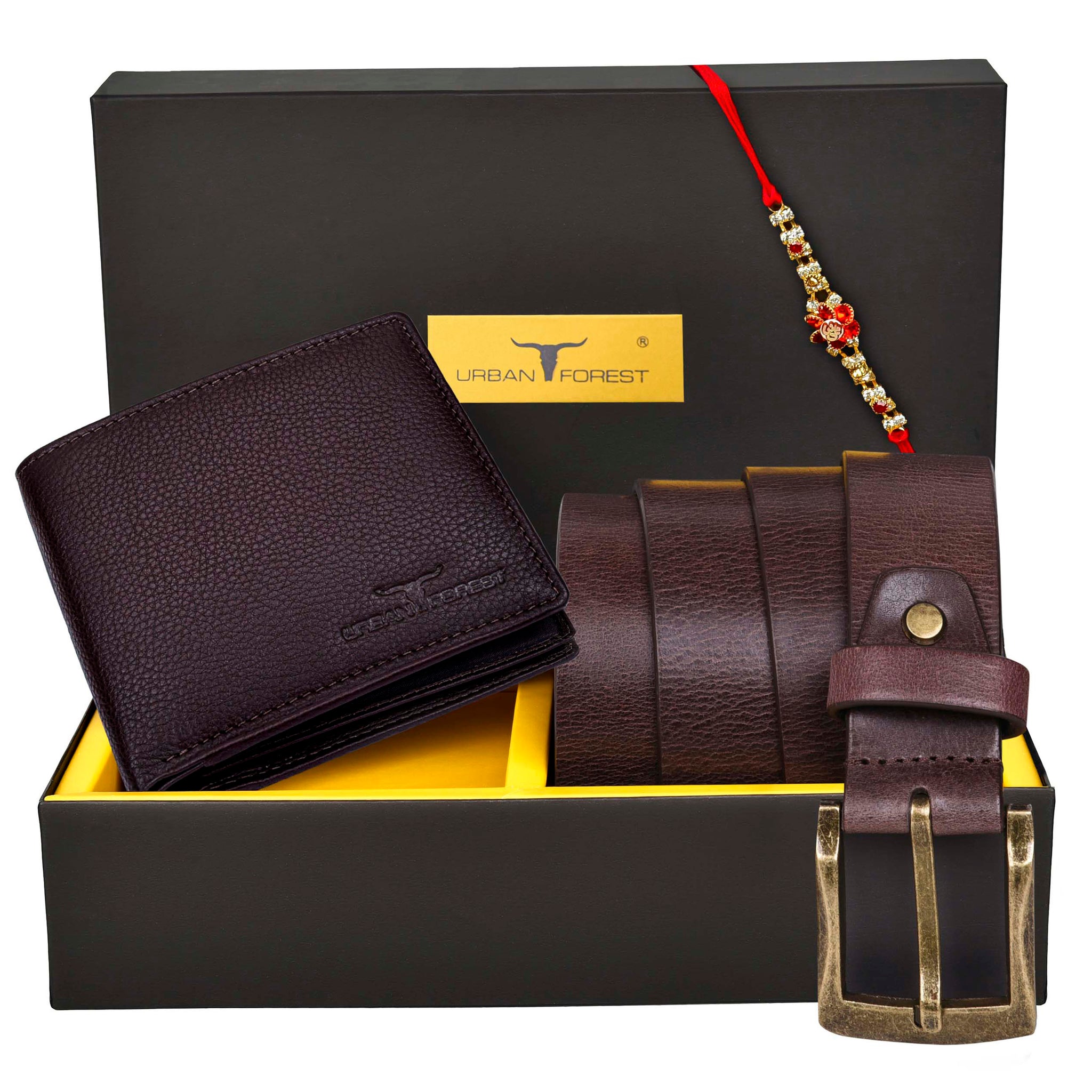 URBAN FOREST Carl Leather Wallet, Casual Leather Belt & Rakhi Gift Hamper for Brother