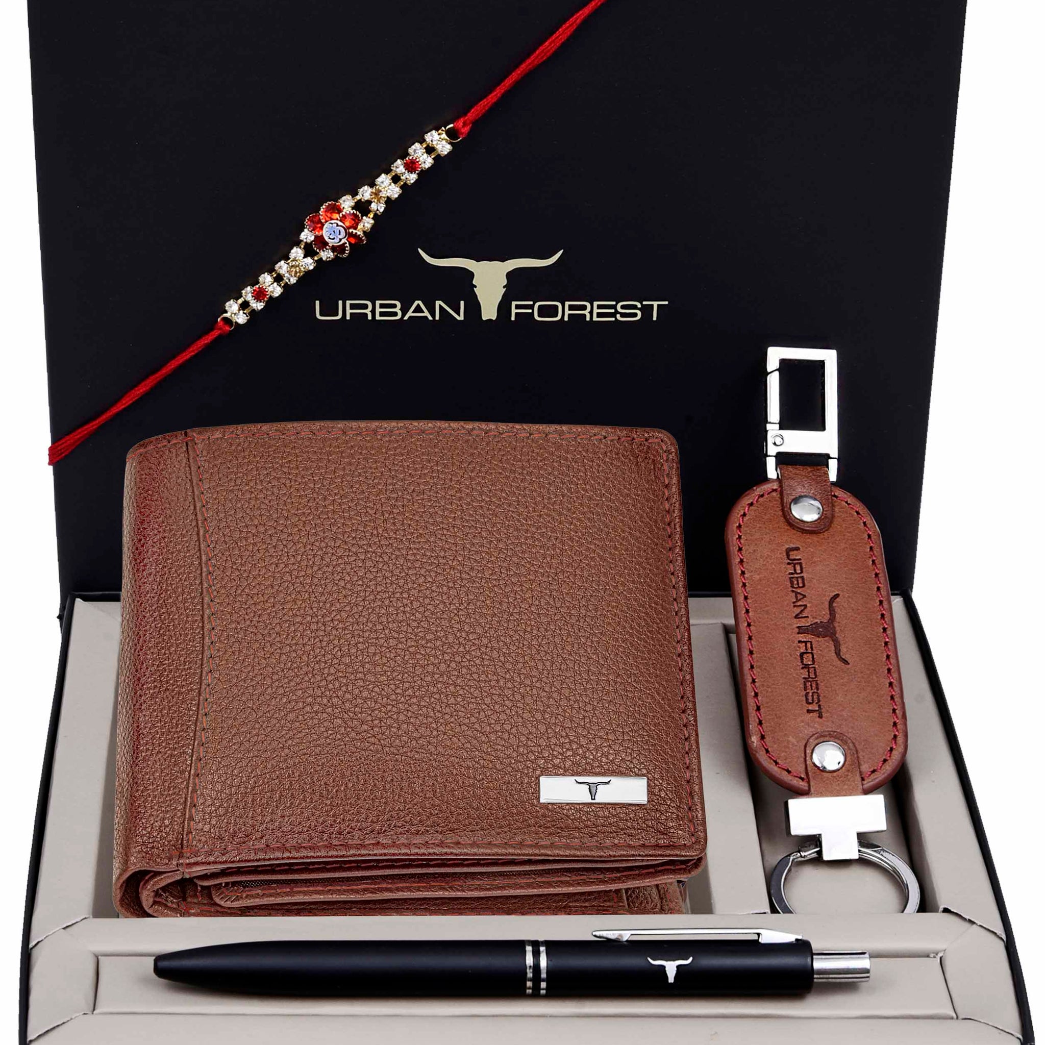 URBAN FOREST Oliver Wallet, Black Pen, Rakhi & Keychain Gift Hamper for Brother