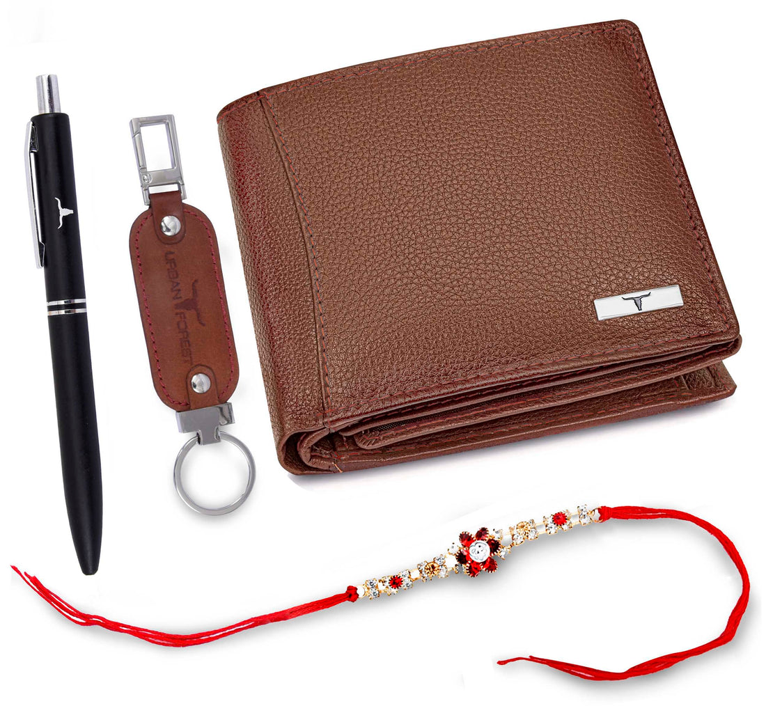 URBAN FOREST Oliver Wallet, Black Pen, Rakhi & Keychain Gift Hamper for Brother