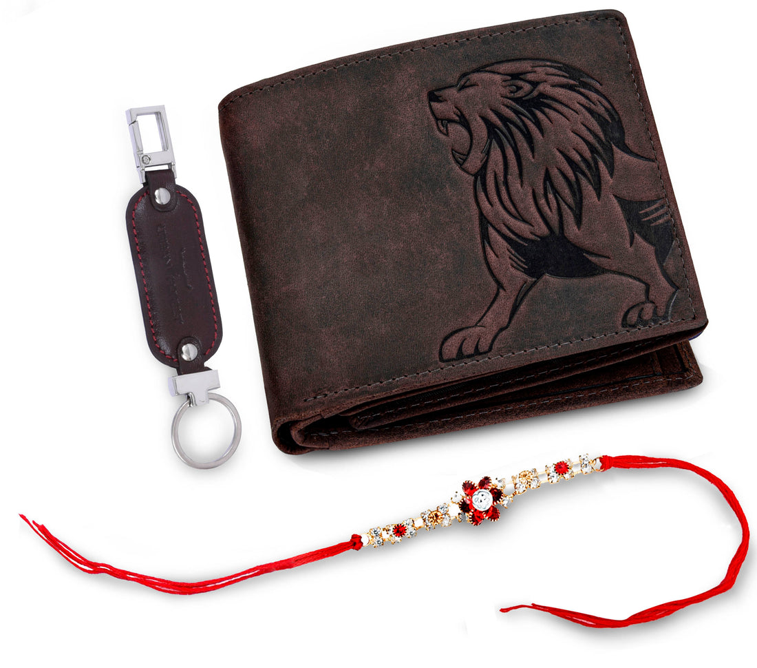 URBAN FOREST Leo Vintage Leather Wallet, Rakhi & Keychain Gift Hamper for Brother