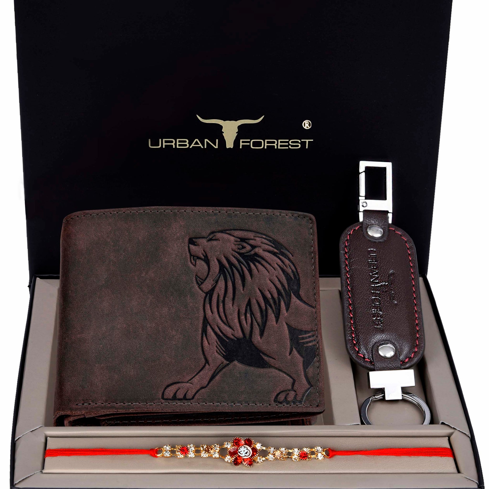 URBAN FOREST Leo Vintage Leather Wallet, Rakhi & Keychain Gift Hamper for Brother